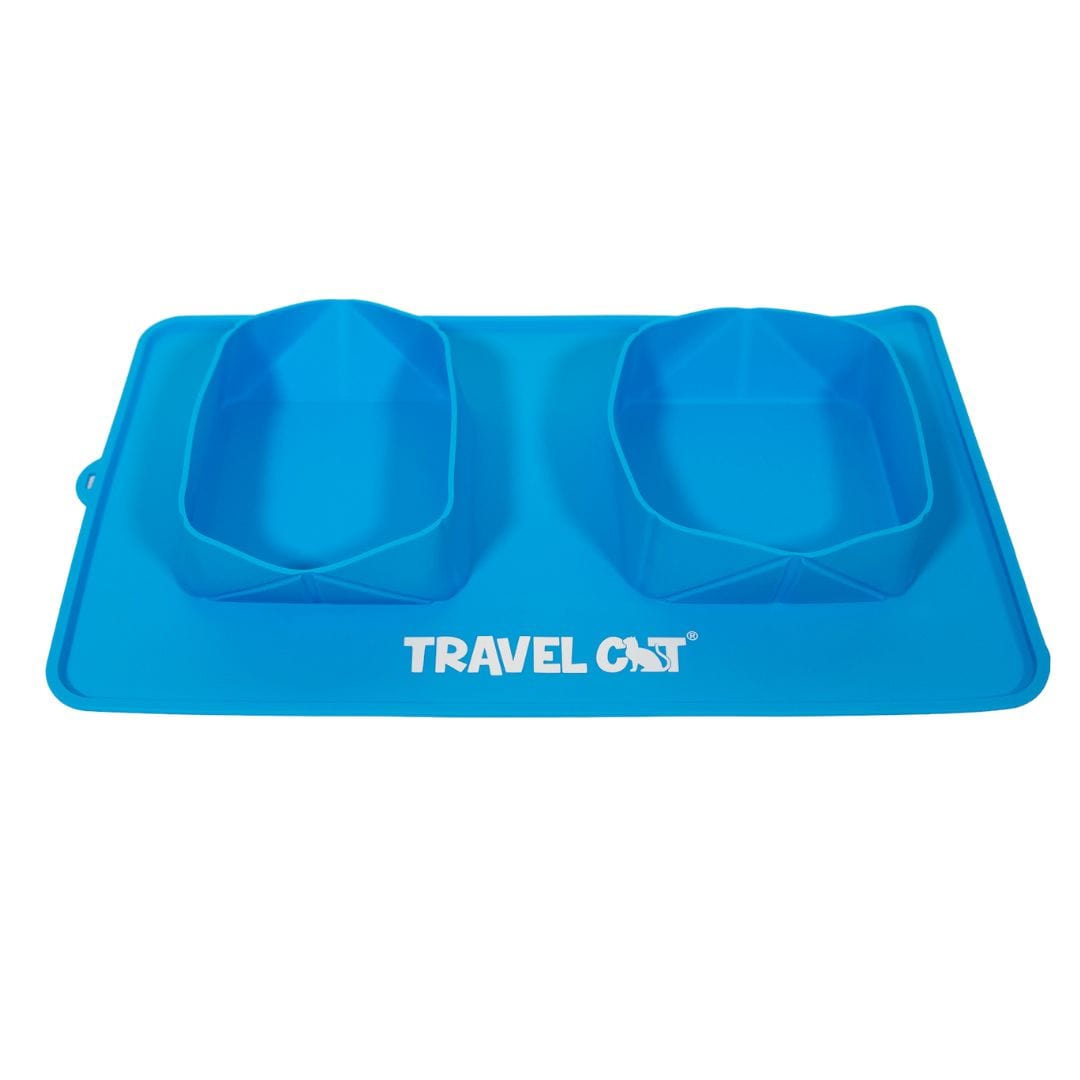 "The Travel Buddy" Foldable All-In-One Double Bowl & Mat - Portable Cat Food & Water Dish