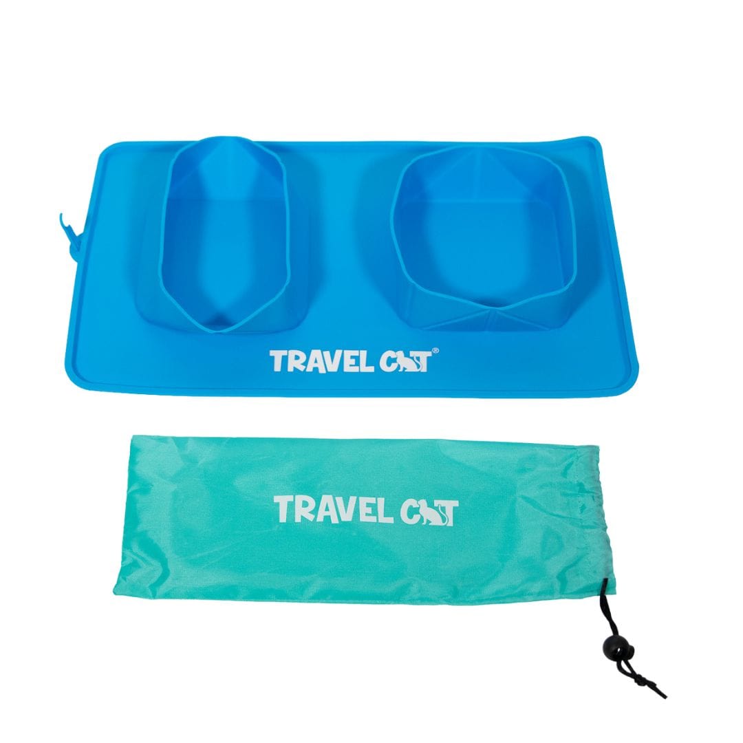 "The Travel Buddy" Foldable All-In-One Double Bowl & Mat - Portable Cat Food & Water Dish