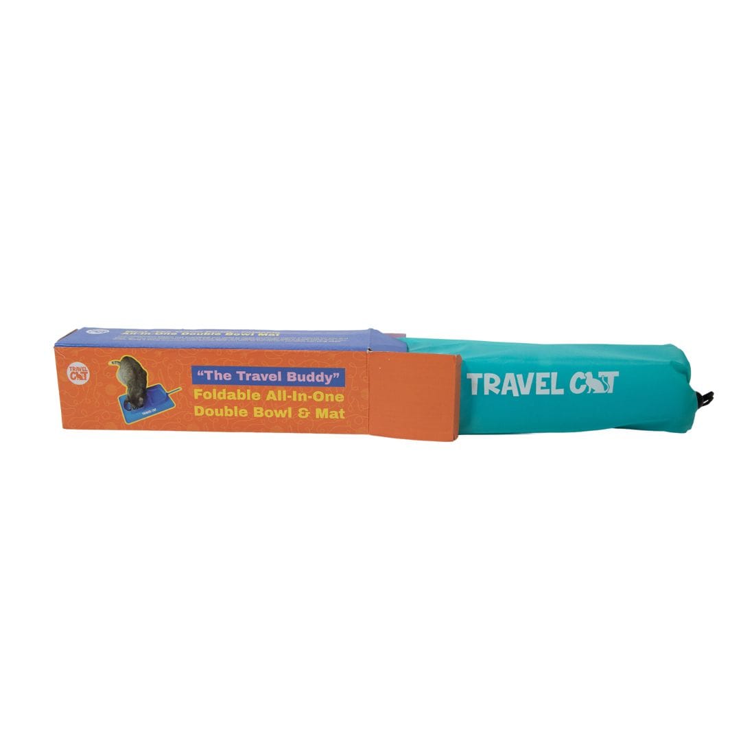 "The Travel Buddy" Foldable All-In-One Double Bowl & Mat - Portable Cat Food & Water Dish