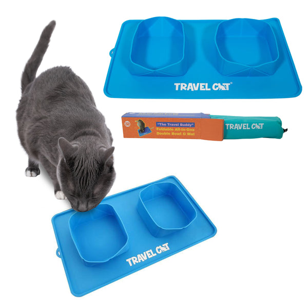 "The Travel Buddy" Foldable All-In-One Double Bowl & Mat - Portable Cat Food & Water Dish