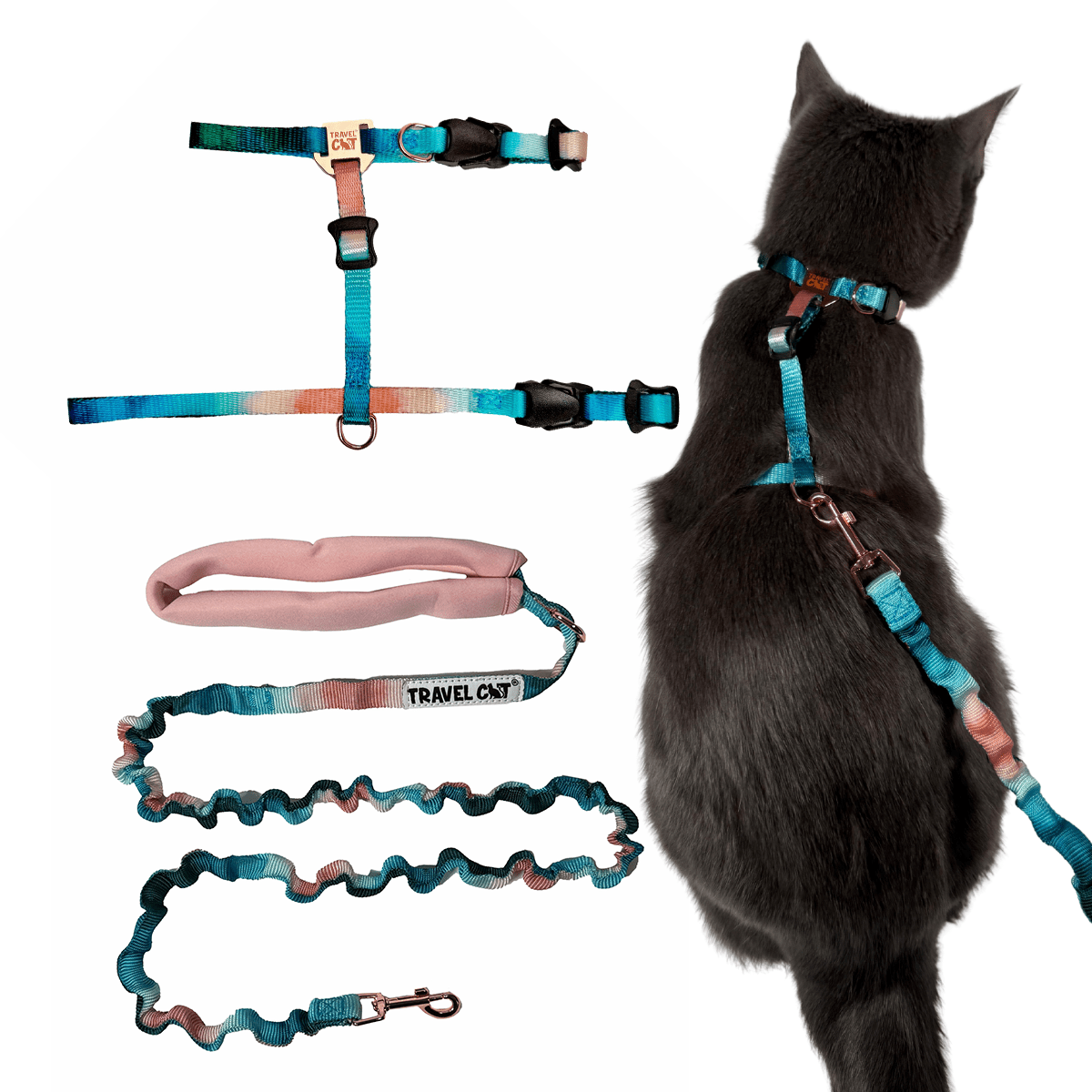 "The Day Tripper" Perfect Adjustable H-Style Cat Harness & Bungee Leash Set - Watercolor
