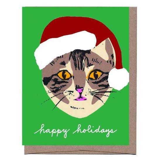 Green Cat in Santa Hat Holiday Card