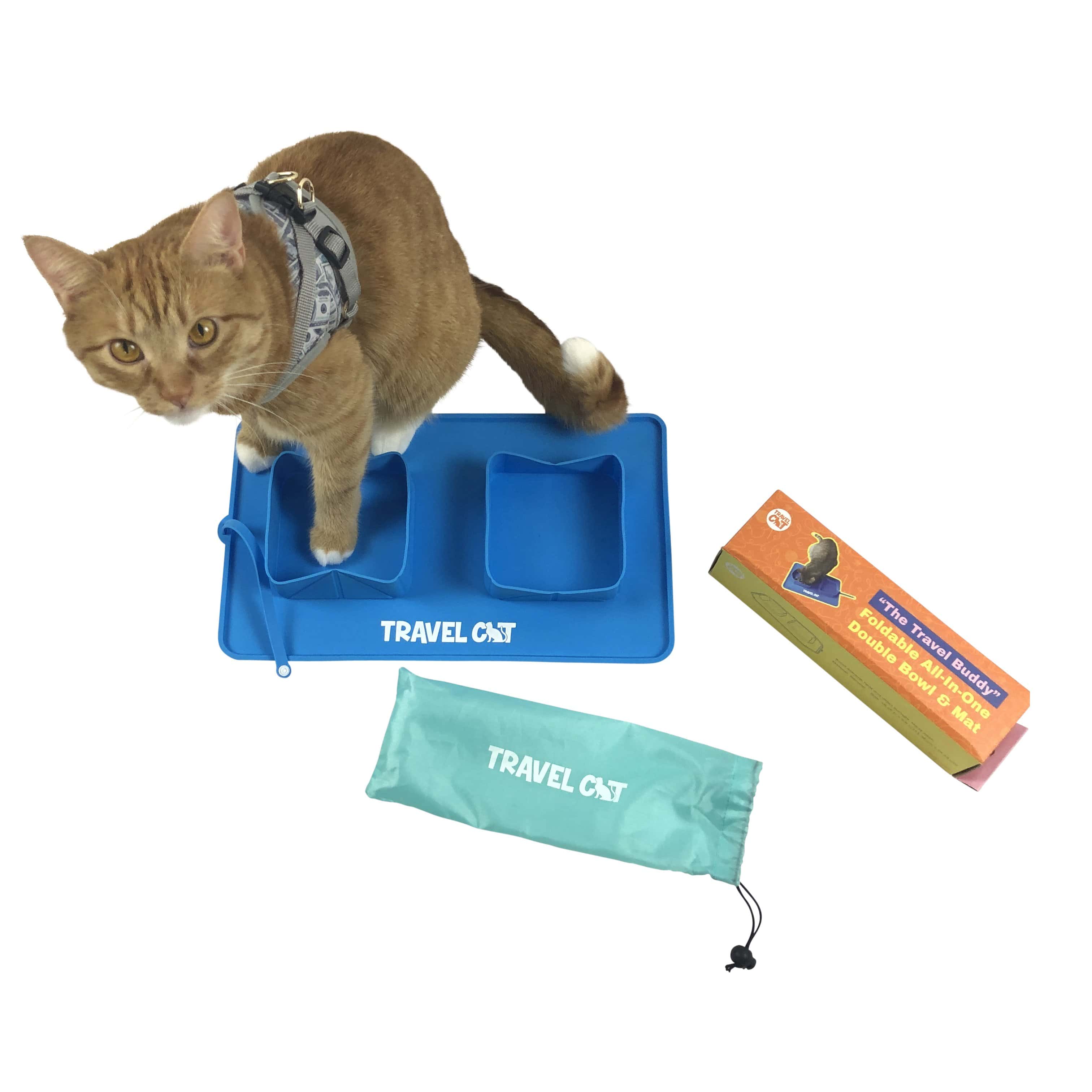 "The Travel Buddy" Foldable All-In-One Double Bowl & Mat - Portable Cat Food & Water Dish