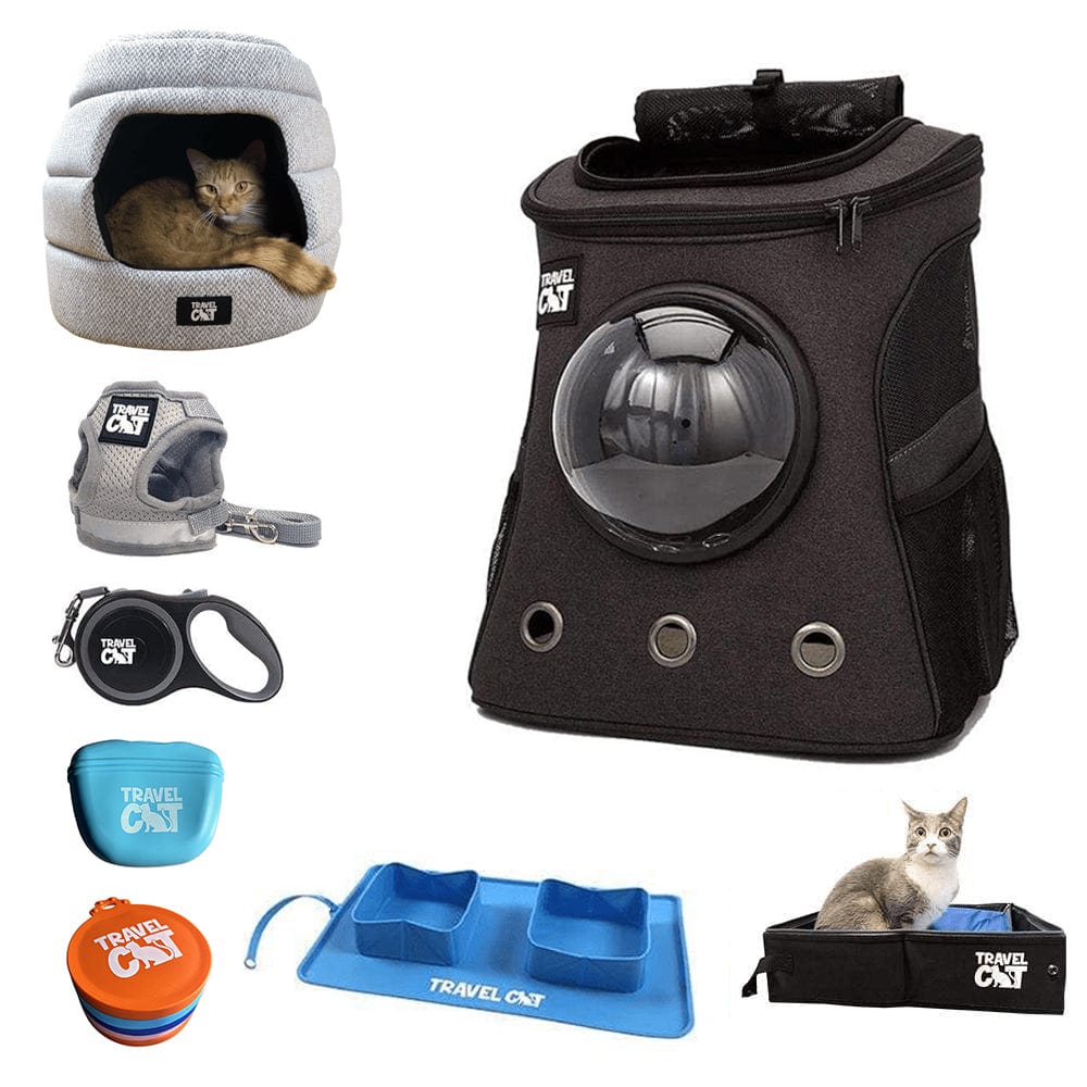 "The Whole Kitten Kaboodle" Bundle: Fat Cat Backpack, Harness, Leash, Retractable Leash, Convertible Bed & Cave, Travel Buddy, Treat Pouch, Can Covers, Travel Litter Box