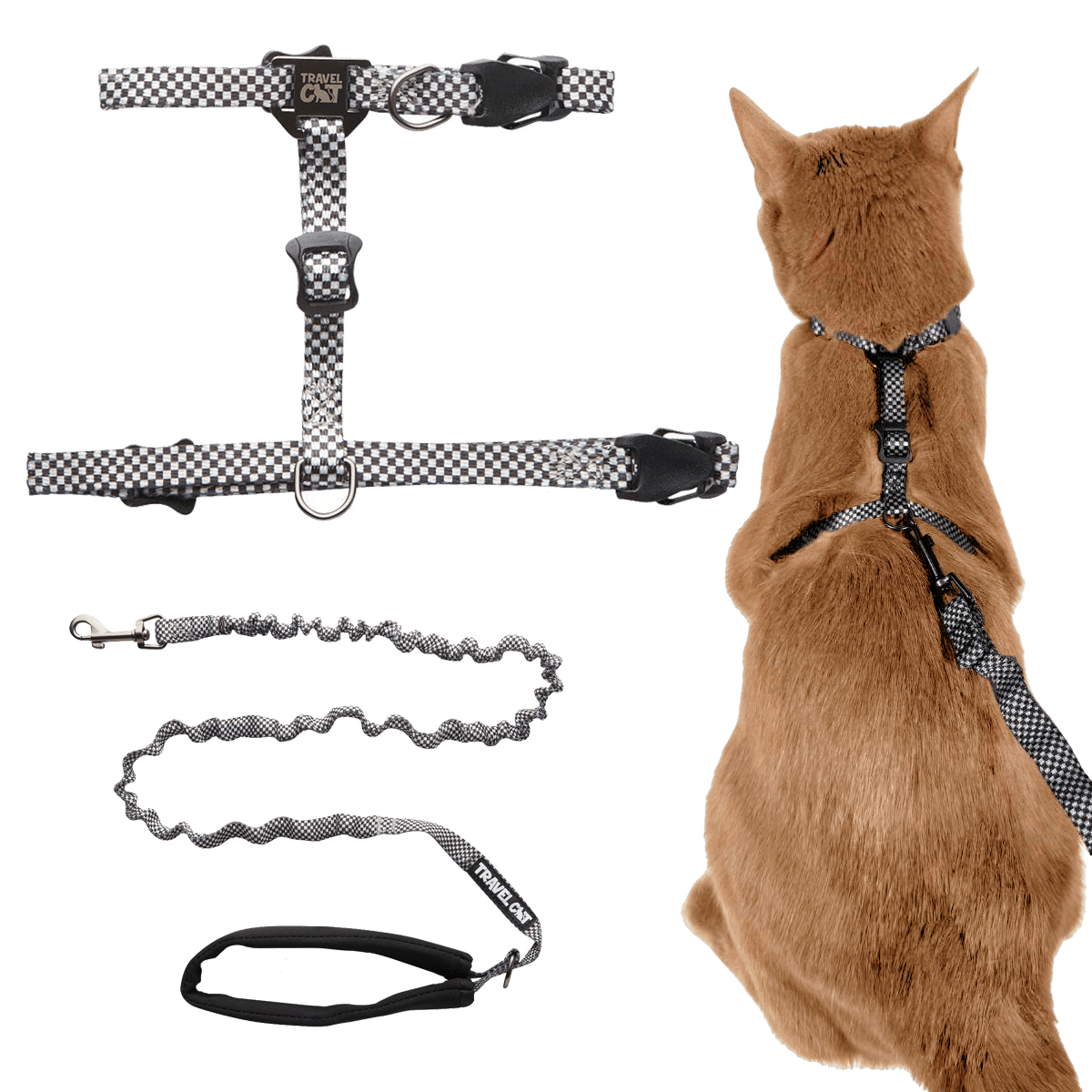 "The Day Tripper" Perfect Adjustable H-Style Cat Harness & Bungee Leash Set - Checkered