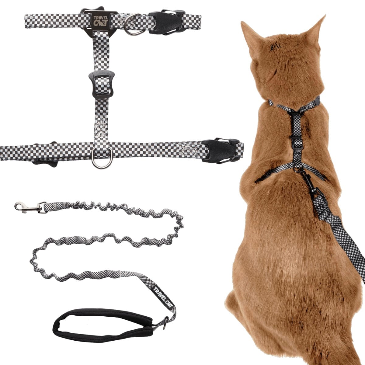 "The Day Tripper" Perfect Adjustable H-Style Cat Harness & Bungee Leash Set - Checkered