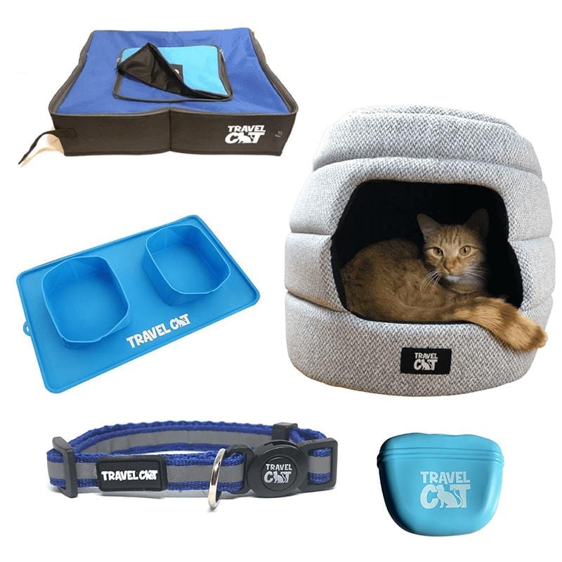 “The Feline Fancy” Travel Cat Accessories Bundle - Bed, Litter Box, Collar, Foldable Bowl & Pouch