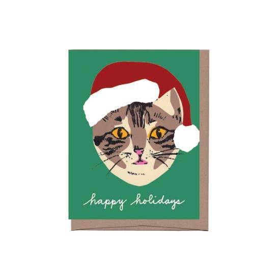 Green Cat in Santa Hat Holiday Card