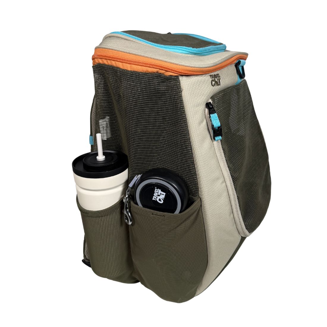Side pockets holding a tumbler and a travel bowl